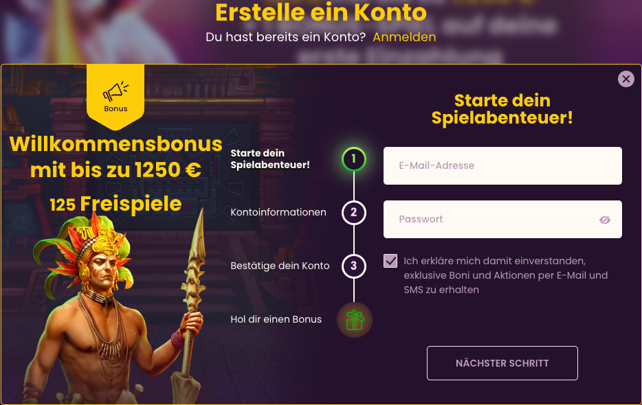Originales Registrierungsformular von Bizzo Casino auf Deutsch